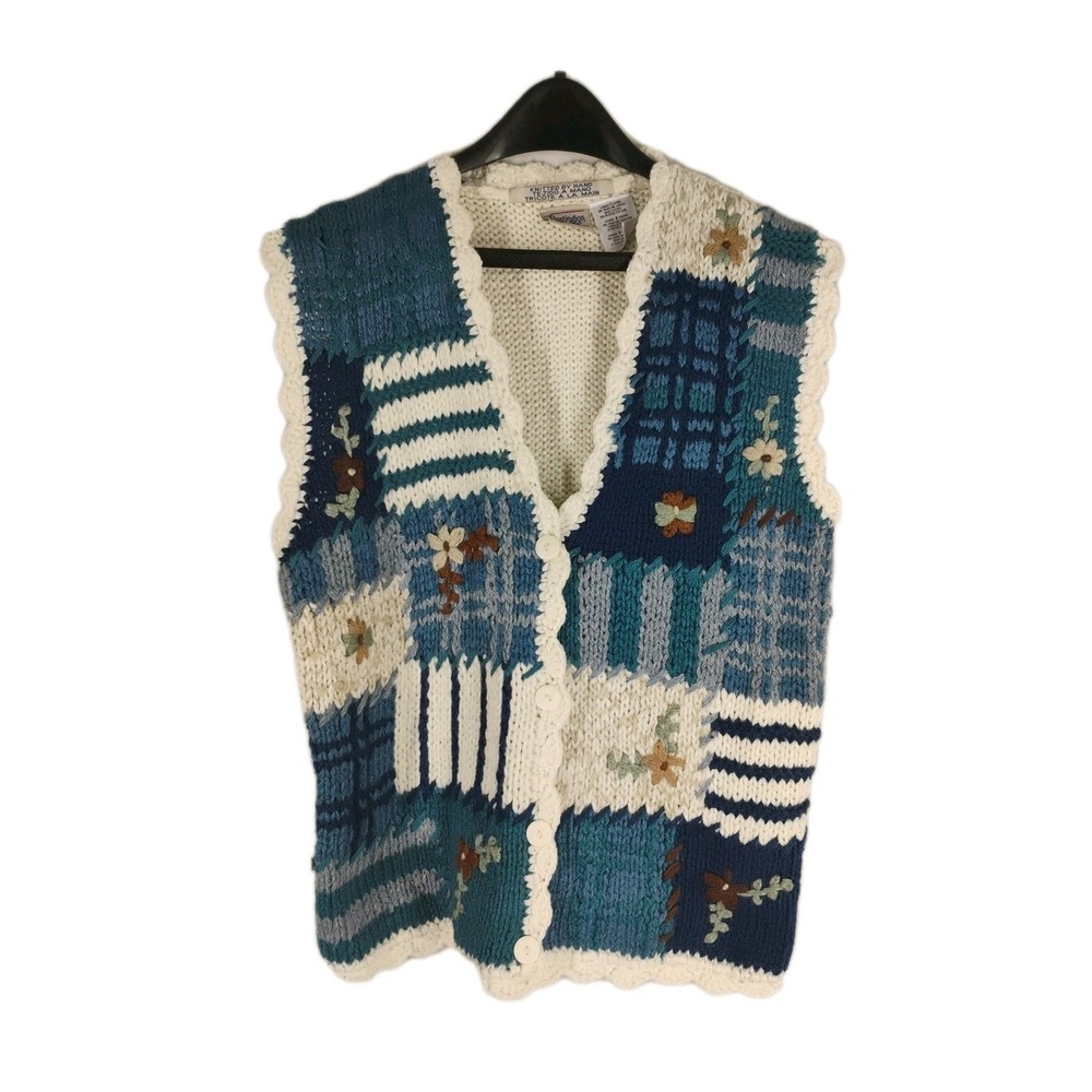 Huntington Ridge Womens LARGE Hand Knit Sweater Vest Floral Granny Cottage 90s